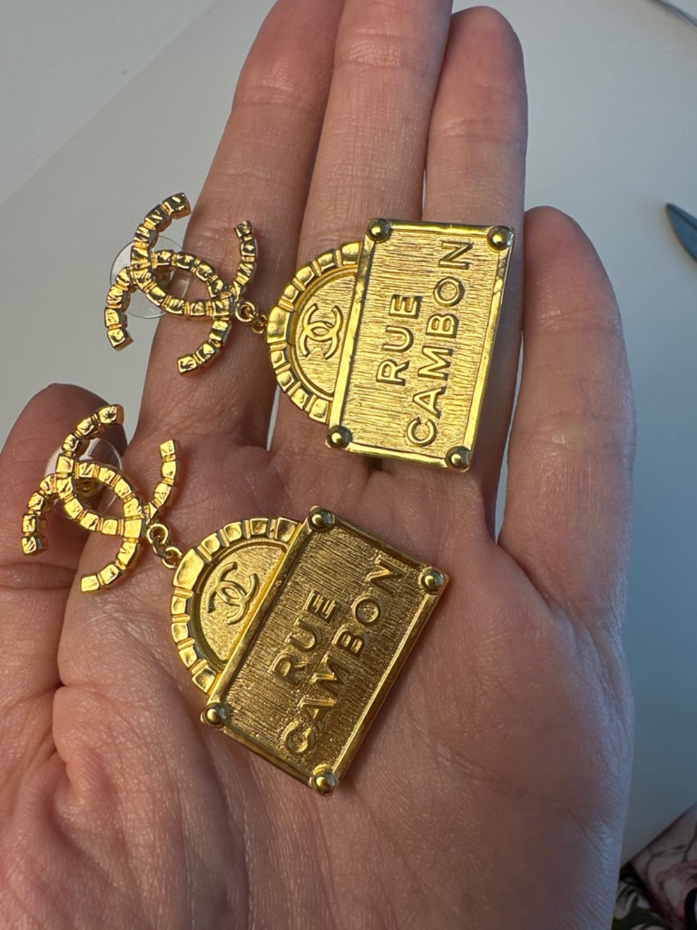 CHANEL Gold Rue Cambon Logo Drop Earrings- 100% AUTHENTIC